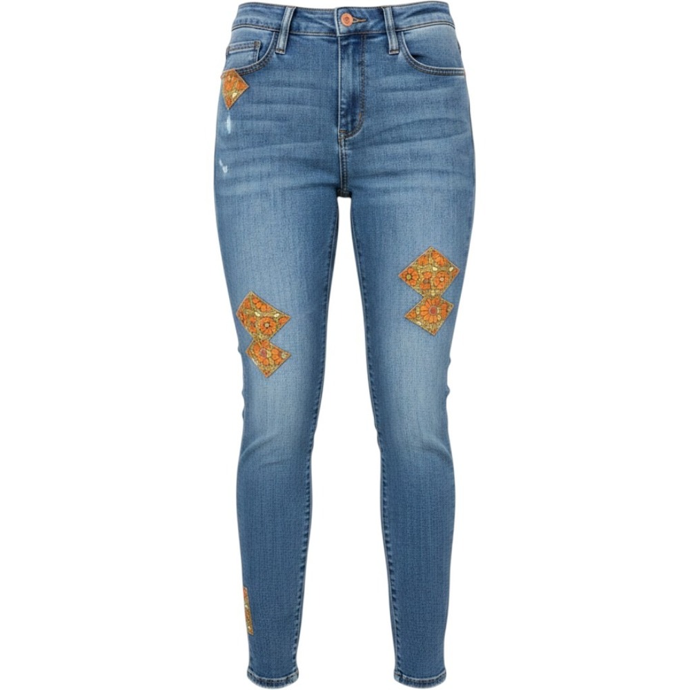 Judy Blue Skinny Jeans Women 11/30 Orange Floral Patch Raw Hem Boho Retro